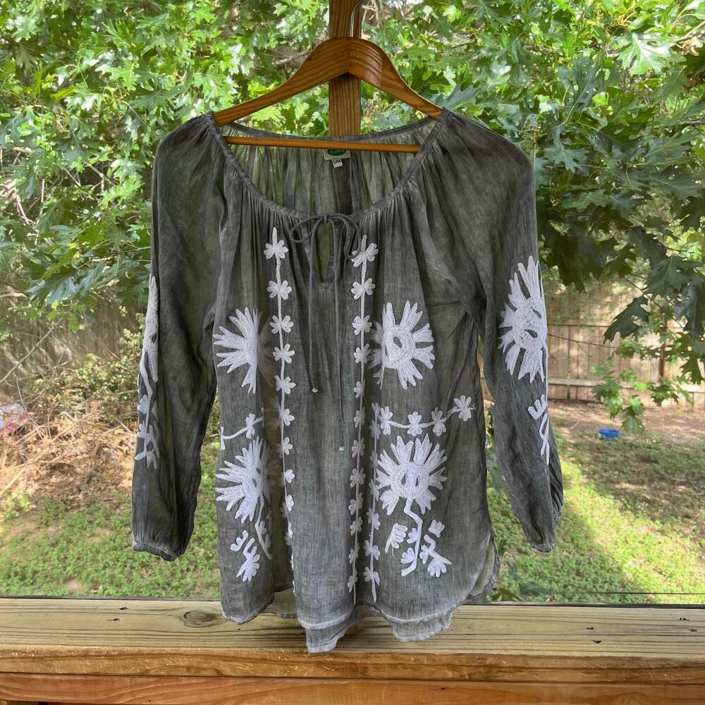 Dolma Women's Grey & White Embroidered Boho Top 100% Cotton Size S/M